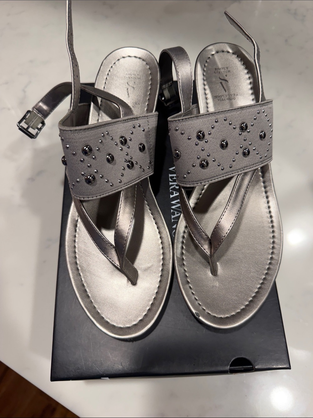 Vera Wang Metallic Gray Jeweled T-Strap Sandals